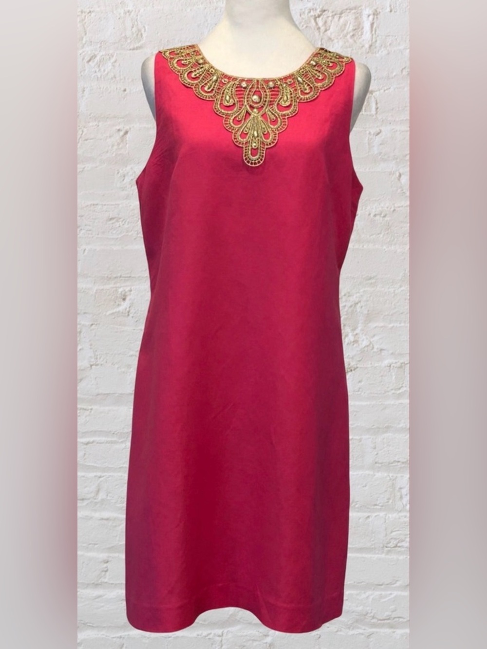 👑👑👑Eliza J Pink Linen Blend sz10 Gold Embroidered Gold Beaded Yoke Shift MONEY - Picture 9 of 13